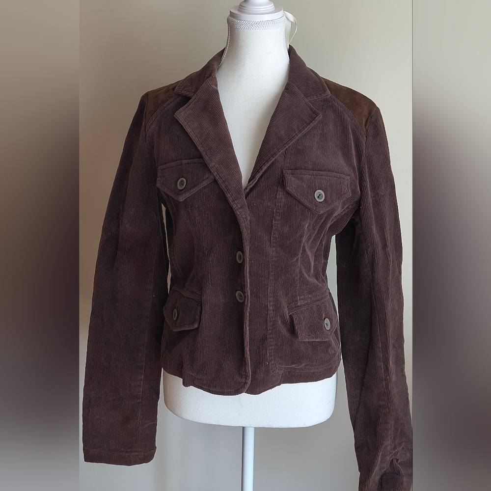 Wet Seal Brown Corduroy Blazer Jacket Women's Size L Junior Suede Shoulder Y2K